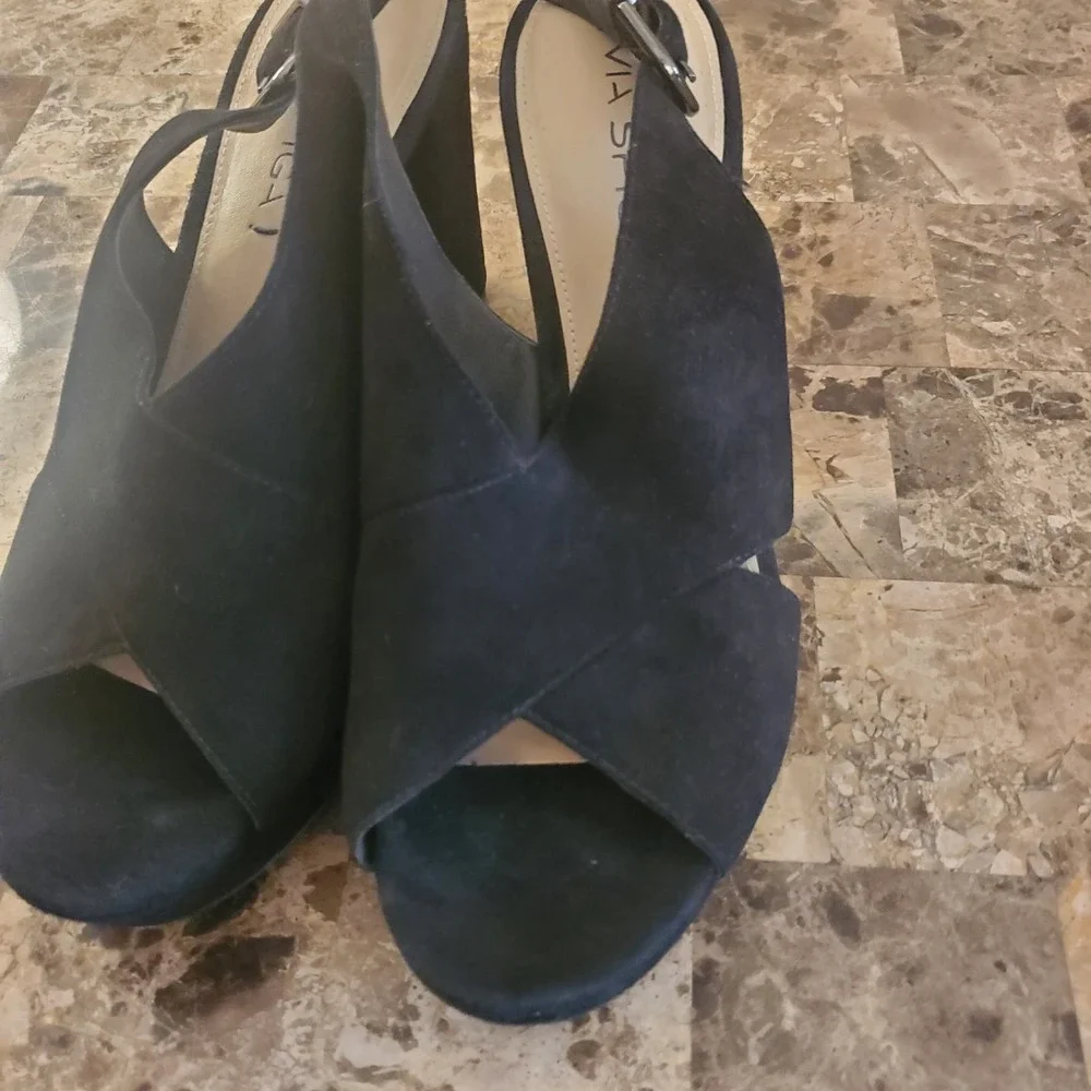 VIA SPIGA Suede Platform CrossStrap Slngbk Sandal Heels 7.5M Black Y2K going out